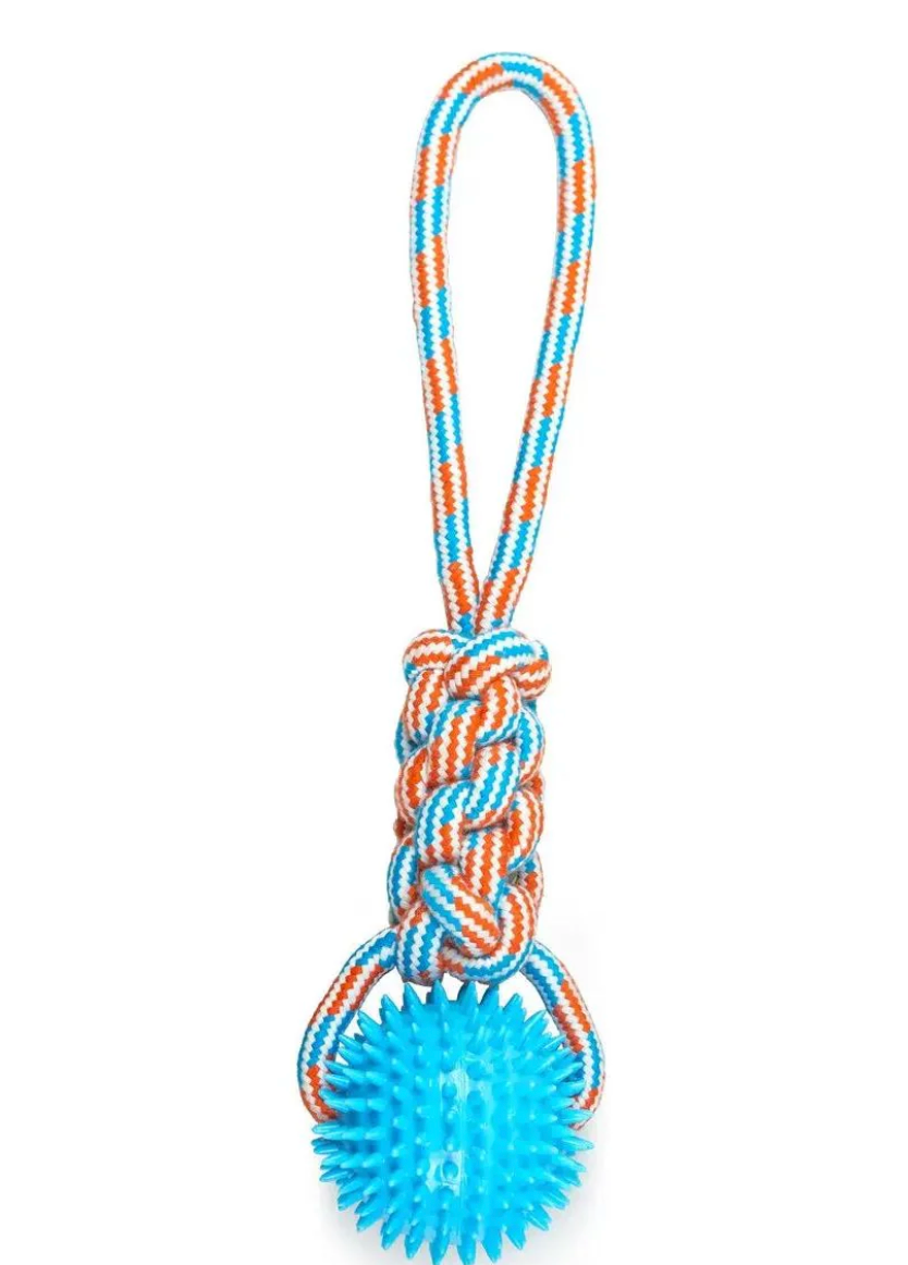 ThoozyPet Knotted Tug Rope Dog Toy with TPR Spike Ball 16"