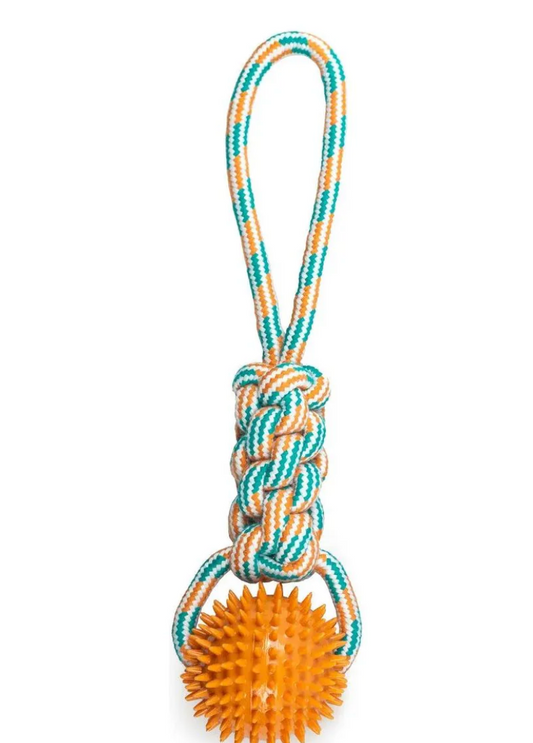 ThoozyPet Knotted Tug Rope Dog Toy with TPR Spike Ball 16"