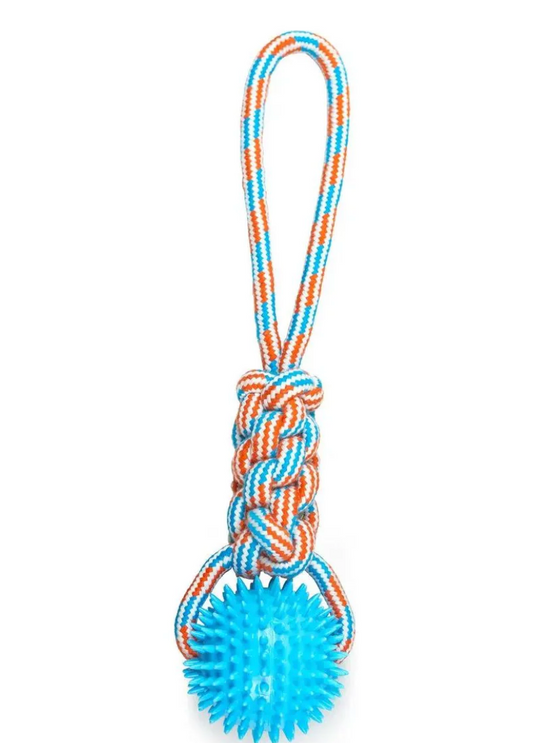 ThoozyPet Knotted Tug Rope Dog Toy with TPR Spike Ball 16"